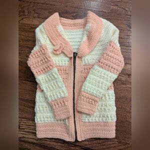 Hand Knit Cozy Pink and Cream Zipper Cardigan With Floral Design Kids Sz L 10-12
